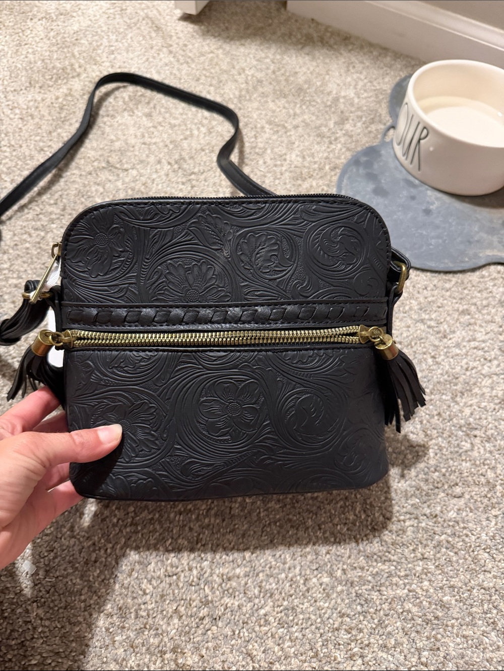 Black Embossed Crossbody Bag with Tassel Zipper